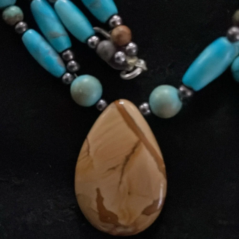 Genuine Turquoise Jasper Gemstone Beaded Necklace Silver Clasp 16-18”
